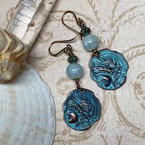 Ancient look coin earrings perhaps from Atlantis aqua quartz handmade verdigris